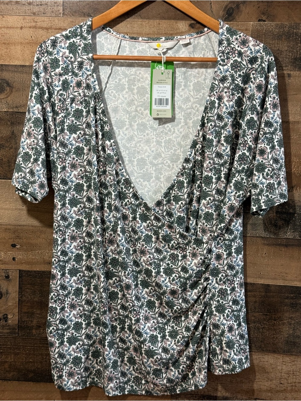 NWT Boden Green and White Floral V-Neck Wrap Blouse 20-22